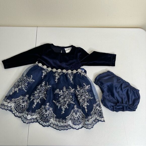 Rare Editions Navy Blue Velvet Lace Rhinestone Dress Bottom Set Girls 6-9 Months - Picture 3 of 13